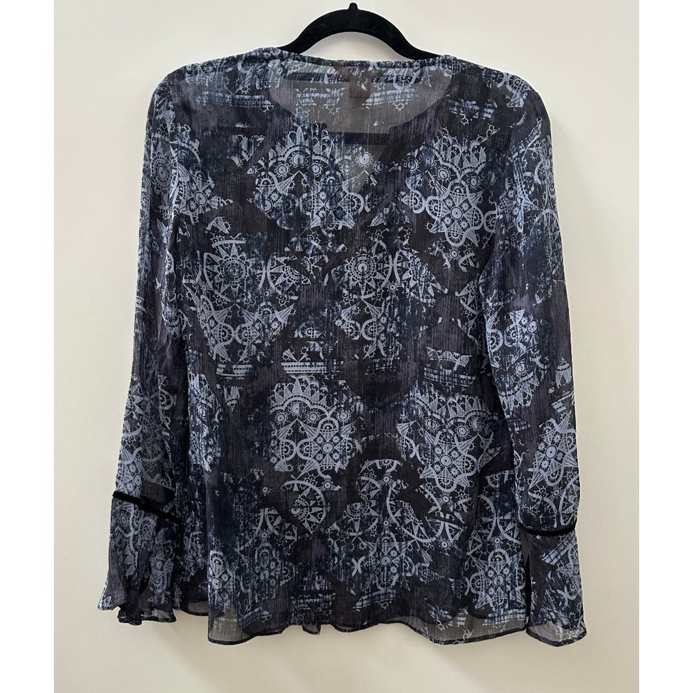 Sundance Silk Semi Sheer Blouse Velvet Trim Boho Print Top Blue Womens Size 4 - Picture 7 of 8